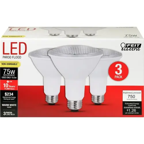 LED Lamp, Flood/Spotlight, PAR30 Lamp, 75 W Equivalent, E26 Lamp Base, Warm White Light Clear - pack of 3 LED Lamp, Flood/Spotlight, PAR30 Lamp, 75 W Equivalent, E26 Lamp Base, Warm White Light Clear - pack of 3