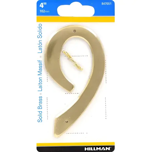 House Address Number 9, Nail-On, Brass, 4 In.