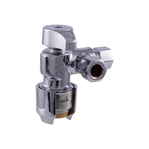 Dual-Outlet Angle Stop Valve, 1/2 x 3/8 x 3/8 in Connection, Compression x Compression, Brass Body Polished Chrome Dual-Outlet Angle Stop Valve, 1/2 x 3/8 x 3/8 in Connection, Compression x Compression, Brass Body Polished Chrome