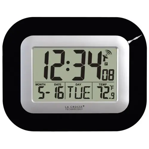 Atomic Wall Clock 9" L X 1-1/2" W Indoor Contemporary Digital Plastic Bla Black/Silver Atomic Wall Clock 9" L X 1-1/2" W Indoor Contemporary Digital Plastic Bla Black/Silver