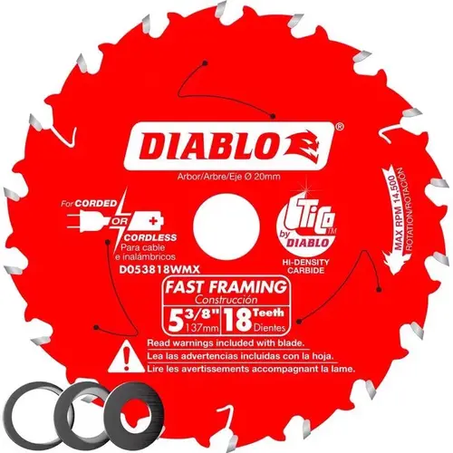 Saw Blade, 5-3/8 in Dia, 1/2 in, 5/8 in, 10 mm Arbor, 18-Teeth, Applicable Materials: Wood Red