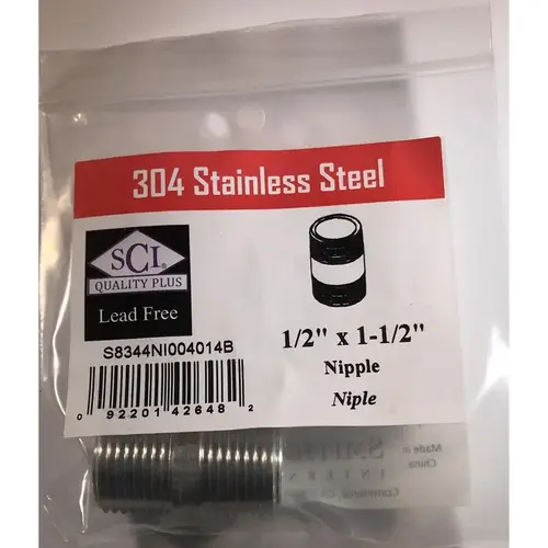 Nipple 1/2" MPT T Stainless Steel 1-1/2" L Nipple 1/2" MPT T Stainless Steel 1-1/2" L