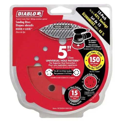 Sanding Disc, 6 in Dia, 150 Grit, Very Fine, Ceramic Abrasive, Hook-and-Loop Backing, 6-Hole - pack of 15 Sanding Disc, 6 in Dia, 150 Grit, Very Fine, Ceramic Abrasive, Hook-and-Loop Backing, 6-Hole - pack of 15