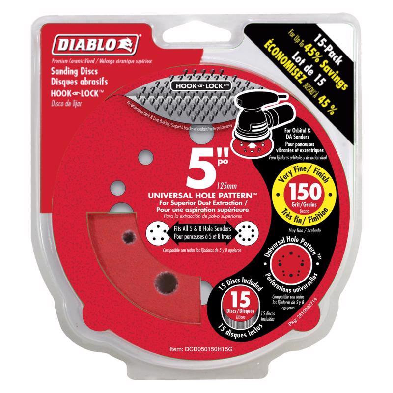 Diablo DCD050150H15G Sanding Disc, 6 in Dia, 150 Grit, Very Fine, Ceramic Abrasive, Hook-and-Loop Backing, 6-Hole - pack of 15