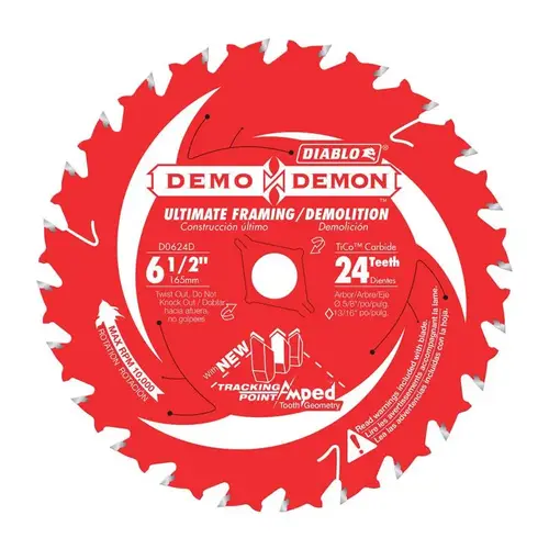 Demo Demon Amped Circular Saw Blade, 6-1/2 in Dia, 5/8 in Arbor, 24-Teeth - pack of 10 Demo Demon Amped Circular Saw Blade, 6-1/2 in Dia, 5/8 in Arbor, 24-Teeth - pack of 10