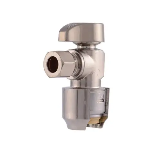 Angle Stop Valve, 1/2 x 3/8 in Connection, Push-to-Connect x Compression, 4 gpm, 125 psi Pressure Brushed Nickel Angle Stop Valve, 1/2 x 3/8 in Connection, Push-to-Connect x Compression, 4 gpm, 125 psi Pressure Brushed Nickel