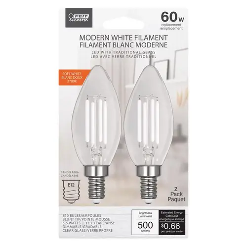 Filament LED Bulb BA10 E12 (Candelabra) Soft White 60 Watt Equivalence Clear Filament LED Bulb BA10 E12 (Candelabra) Soft White 60 Watt Equivalence Clear