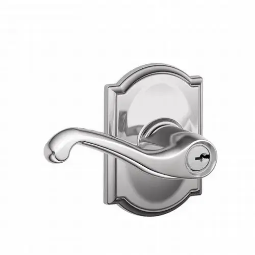 Flair Lever with Camelot Rose Keyed Entry Lock C Keyway with 16211 Latch and 10063 Strike Bright Chrome Finish Flair Lever with Camelot Rose Keyed Entry Lock C Keyway with 16211 Latch and 10063 Strike Bright Chrome Finish