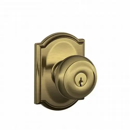 Georgian Knob with Camelot Rose Keyed Entry Lock C Keyway with 16211 Latch and 10063 Strike Antique Brass Finish Georgian Knob with Camelot Rose Keyed Entry Lock C Keyway with 16211 Latch and 10063 Strike Antique Brass Finish