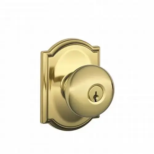 Plymouth Knob with Camelot Rose Keyed Entry Lock C Keyway with 16211 Latch and 10063 Strike Bright Brass Finish Plymouth Knob with Camelot Rose Keyed Entry Lock C Keyway with 16211 Latch and 10063 Strike Bright Brass Finish