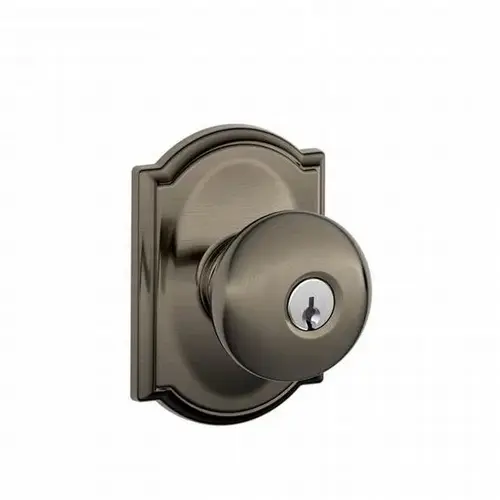 Plymouth Knob with Camelot Rose Keyed Entry Lock C Keyway with 16211 Latch and 10063 Strike Antique Nickel Finish Plymouth Knob with Camelot Rose Keyed Entry Lock C Keyway with 16211 Latch and 10063 Strike Antique Nickel Finish