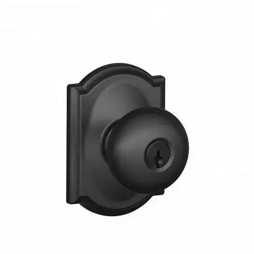 Plymouth Knob with Camelot Rose Keyed Entry Lock C Keyway with 16211 Latch and 10063 Strike Matte Black Finish Plymouth Knob with Camelot Rose Keyed Entry Lock C Keyway with 16211 Latch and 10063 Strike Matte Black Finish