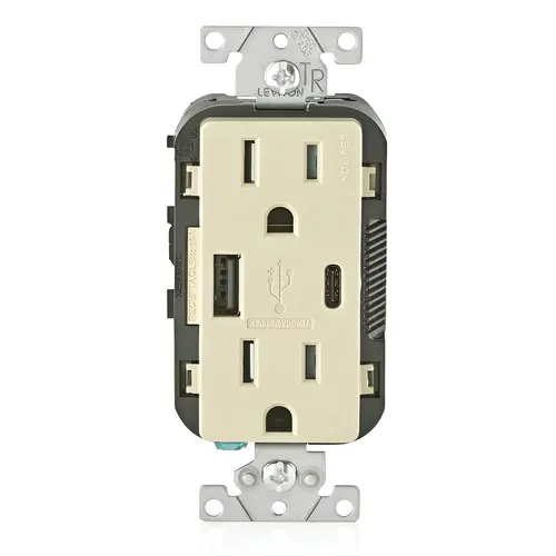 15 Amp Decora Tamper-Resistant Duplex Outlet with Type A and C USB Charger, Ivory