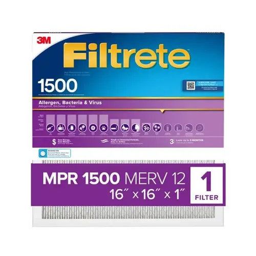 Filtrete Allergen, Bacteria & Virus Air Filter, 1500 MPR, , 16 in x 16 in x 1 in, Pleated, MERV 12 - pack of 4 Filtrete Allergen, Bacteria & Virus Air Filter, 1500 MPR, , 16 in x 16 in x 1 in, Pleated, MERV 12 - pack of 4