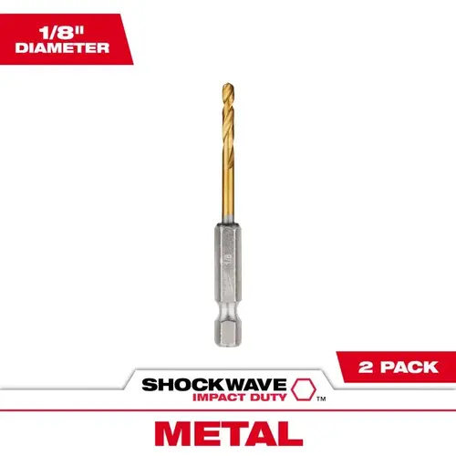 Impact Drill Bit, 1/8 in Dia, 2.62 in OAL, Twist Flute, 1/4 in Dia Shank, Hex Shank Pair Titanium-Coated Impact Drill Bit, 1/8 in Dia, 2.62 in OAL, Twist Flute, 1/4 in Dia Shank, Hex Shank Pair Titanium-Coated