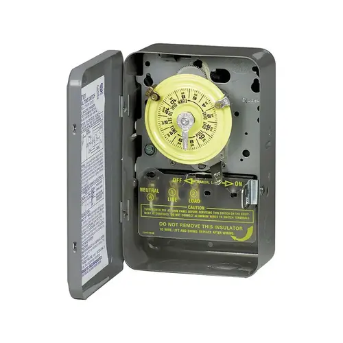 Mechanical Timer Switch, 40 A, 120 V, 3 W, 24 hr Time Setting, 12 On/Off Cycles Per Day Cycle Gray Mechanical Timer Switch, 40 A, 120 V, 3 W, 24 hr Time Setting, 12 On/Off Cycles Per Day Cycle Gray