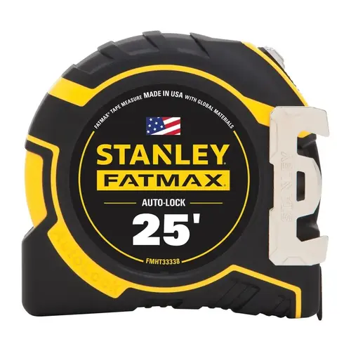 FMHT33338 Tape Measure, 25 ft L Blade, 1-1/4 in W Blade, Steel Blade, ABS Case, Black/Yellow Case FMHT33338 Tape Measure, 25 ft L Blade, 1-1/4 in W Blade, Steel Blade, ABS Case, Black/Yellow Case