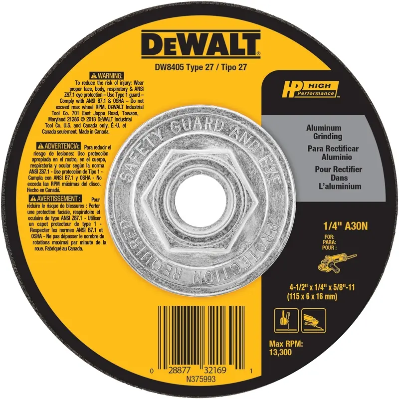 DEWALT HP T27 Aluminum Grinding Wheel 4-1/2 in dia 5/8 in-11 in Arbor 13 300 RPM - pack of 10 DW8405-XCP10