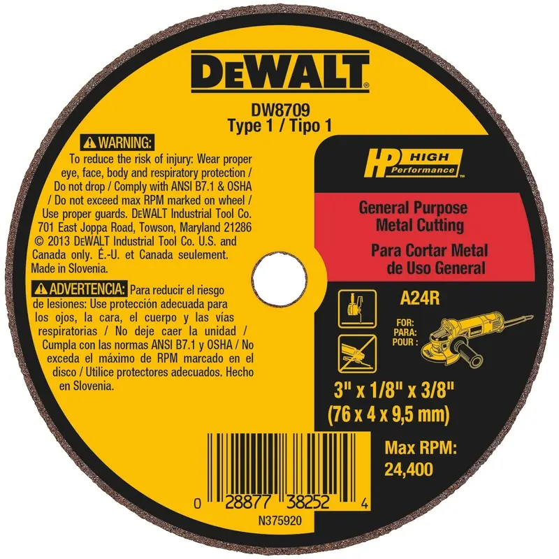 DEWALT Aluminum Oxide Cutting Wheel - Type 1 (Straight) - 3 Diameter - 3/8 Center Hole - 1/8 Thickness DW8709 DEWALT Aluminum Oxide Cutting Wheel - Type 1 (Straight) - 3 Diameter - 3/8 Center Hole - 1/8 Thickness DW8709