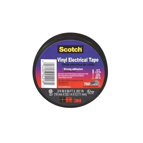 Electrical Tape, 66 ft L, 3/4 in W, Vinyl Backing, Black Electrical Tape, 66 ft L, 3/4 in W, Vinyl Backing, Black