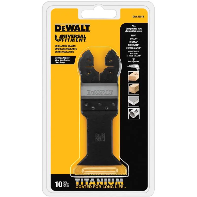 DEWALT Oscillating Blade Universal Fitment Bi-Metal Wide Nail-Embedded Wood Titanium Nitride Coating Black DWA4204B DEWALT Oscillating Blade Universal Fitment Bi-Metal Wide Nail-Embedded Wood Titanium Nitride Coating Black DWA4204B
