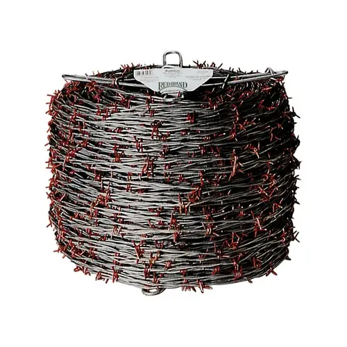 Barbed Wire, 1320 ft L, 12-1/2 Gauge, 4 in Points Spacing, Galvanized Steel Red