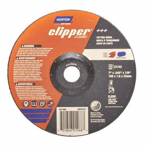 Clipper Classic A AO Series Cut-off Wheel, 7 in Dia, 1/16 in Thick, 7/8 in Arbor Clipper Classic A AO Series Cut-off Wheel, 7 in Dia, 1/16 in Thick, 7/8 in Arbor