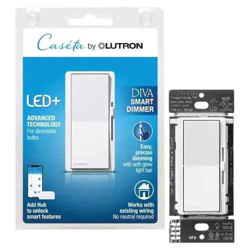 Dimmer Switch Caseta Diva White 150 W Toggle Smart-Enabled White Dimmer Switch Caseta Diva White 150 W Toggle Smart-Enabled White