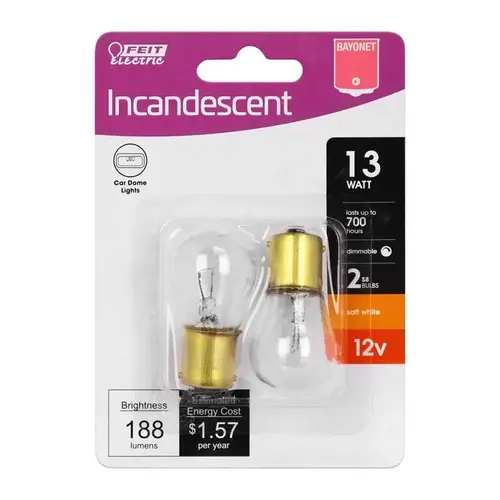 Incandescent Bulb 13 W S8 Specialty Bayonet Soft White Clear Incandescent Bulb 13 W S8 Specialty Bayonet Soft White Clear