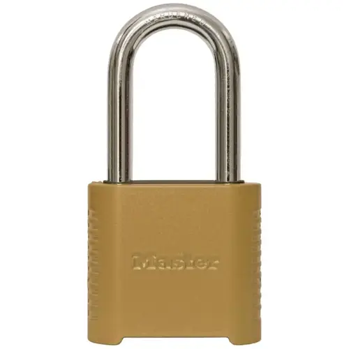 Padlock 1.13" H X 2" W X 6.5" L Steel 4-Digit Combination Gold Padlock 1.13" H X 2" W X 6.5" L Steel 4-Digit Combination Gold