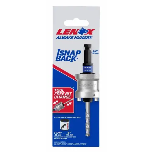Lenox SNAP-BACK Quick Change Hole Saw Arbor, 1/2 in Shank, 1-1/4 to 6 in Dia Bit, Hex Shank Lenox SNAP-BACK Quick Change Hole Saw Arbor, 1/2 in Shank, 1-1/4 to 6 in Dia Bit, Hex Shank