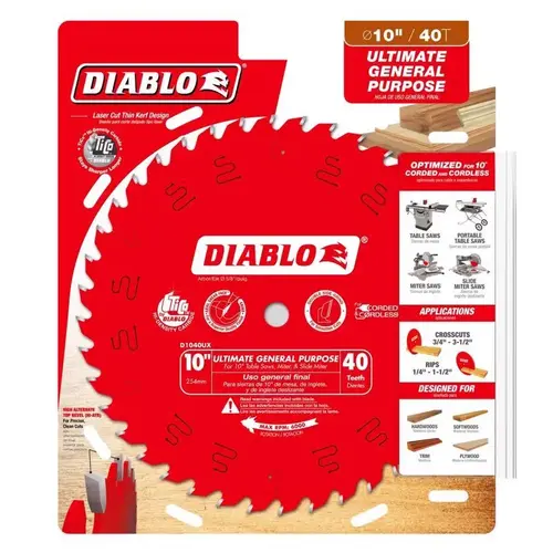 General-Purpose Saw Blade, 10 in Dia, 40-Teeth, Applicable Materials: Plywood, Solid Wood General-Purpose Saw Blade, 10 in Dia, 40-Teeth, Applicable Materials: Plywood, Solid Wood