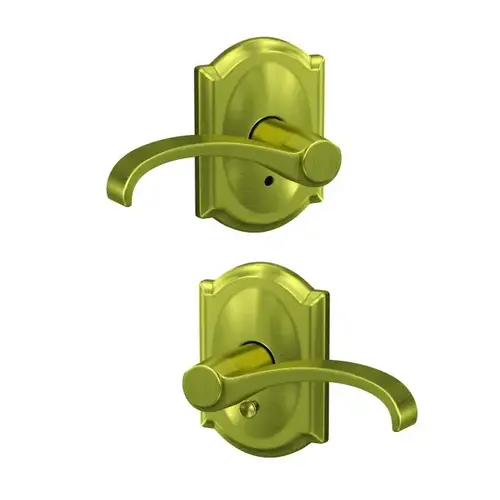 Whitney Lever with Camelot Rose Passage and Privacy Lock with 16600 Latch and 10027 Strike Satin Brass Finish Whitney Lever with Camelot Rose Passage and Privacy Lock with 16600 Latch and 10027 Strike Satin Brass Finish