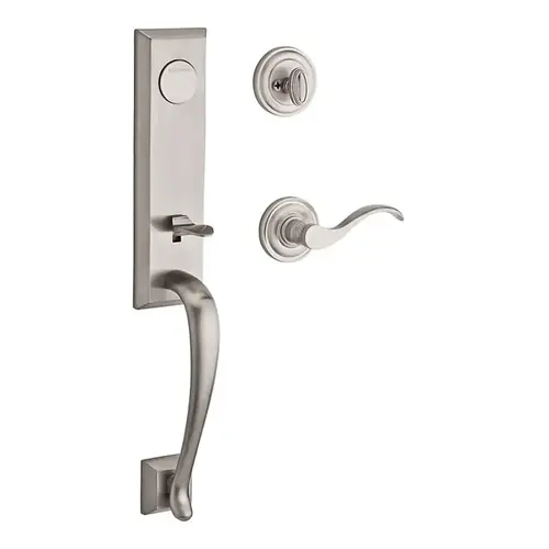Full Dummy Del Mar Handleset Left Hand Curve Lever and Traditional Round Rose Satin Nickel Finish Full Dummy Del Mar Handleset Left Hand Curve Lever and Traditional Round Rose Satin Nickel Finish