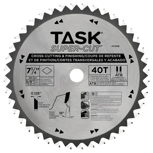 Supercut Finishing Saw Blade, 7-1/4 in Dia, 5/8 in Arbor, 40-Teeth, Tungsten Carbide Cutting Edge Supercut Finishing Saw Blade, 7-1/4 in Dia, 5/8 in Arbor, 40-Teeth, Tungsten Carbide Cutting Edge