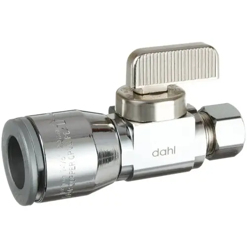 Supply Stop Valve, 1/2 x 3/8 in Connection, Compression, 125 psi Pressure, Manual Actuator, Brass Body Chrome