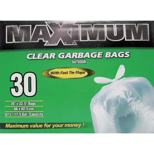 MAXIMUM Garbage Bag, 17.5 gal Capacity, Plastic/Virgin Hexene, Clear - pack of 30 MAXIMUM Garbage Bag, 17.5 gal Capacity, Plastic/Virgin Hexene, Clear - pack of 30