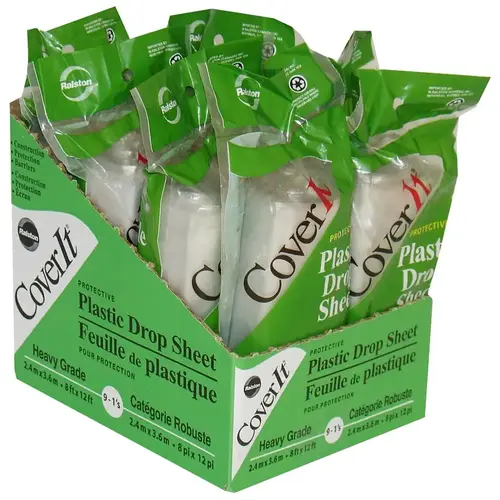 Cover-Its Drop Sheet, 12 ft L, 8 ft W, Plastic, Clear - pack of 9 Cover-Its Drop Sheet, 12 ft L, 8 ft W, Plastic, Clear - pack of 9