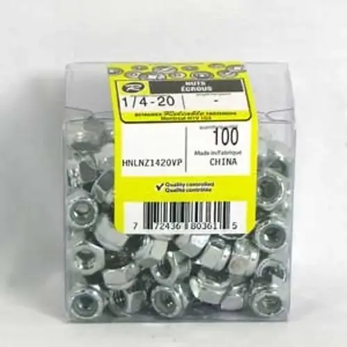 Lock Nut, UNC-UNF Thread, 1/4-20 Thread, Steel, Zinc, NE2 Grade, 100/BX - pack of 100 Lock Nut, UNC-UNF Thread, 1/4-20 Thread, Steel, Zinc, NE2 Grade, 100/BX - pack of 100