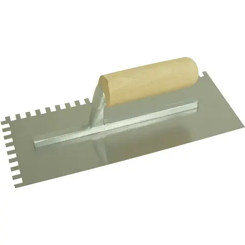 Trowel, 11 in L, 4-1/2 in W, Square Notch, Straight Handle Trowel, 11 in L, 4-1/2 in W, Square Notch, Straight Handle