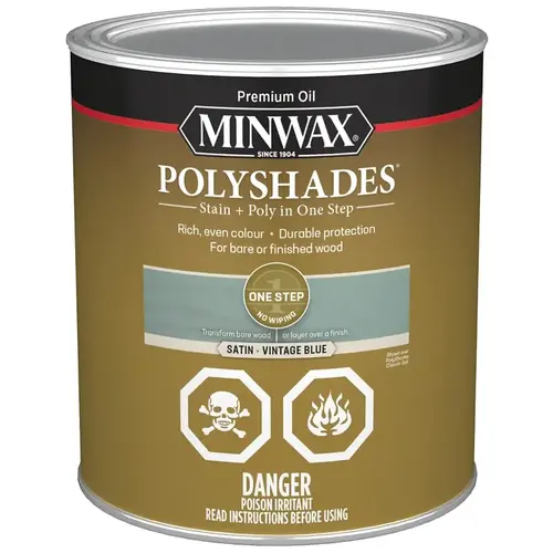 PolyShades Polyurethane Wood Stain, Satin, Vintage Blue, Liquid, 946 mL PolyShades Polyurethane Wood Stain, Satin, Vintage Blue, Liquid, 946 mL