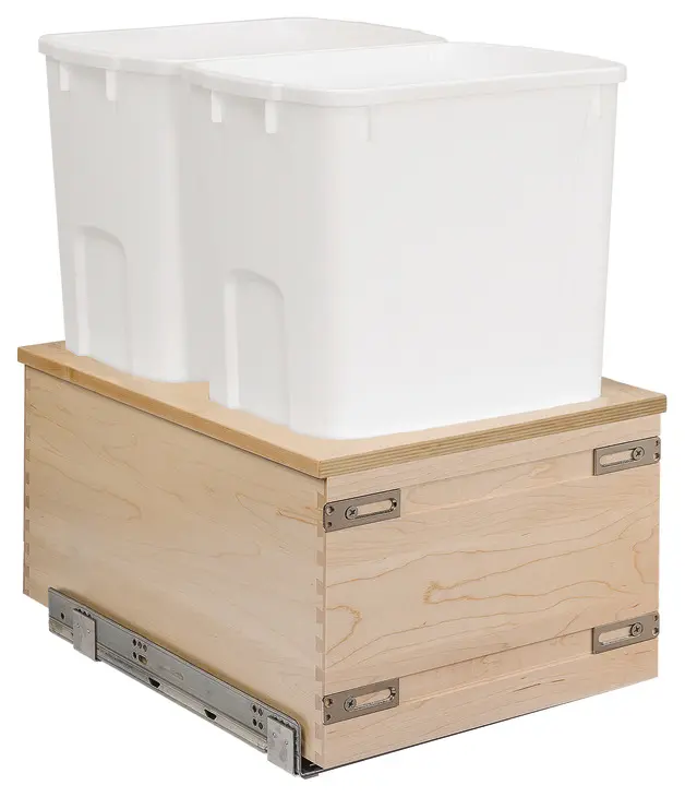 Hafele Century - Double Waste Bin Cascade Series Baltic Birch Bottom Mount 18 cabinet width 2 x 34 qts white Frame: Baltic birch; Bin 503.79.801