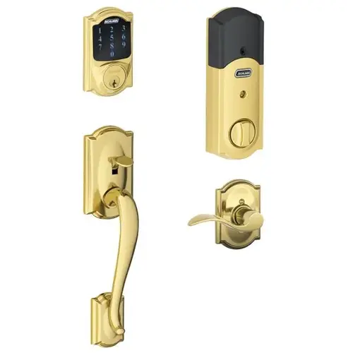 Right Hand Camelot with Accent Lever Handleset with Touchscreen Deadbolt with Adjustable Backsets and Dual Strikes Bright Brass Finish Right Hand Camelot with Accent Lever Handleset with Touchscreen Deadbolt with Adjustable Backsets and Dual Strikes Bright Brass Finish