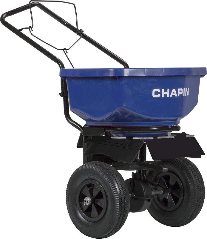 Chapin 8201A Salt Spreader, 80 lb Capacity, Steel Frame, Poly Hopper, Pneumatic Wheel