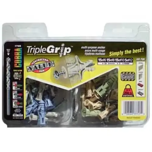 TripleGrip Anchor Assortment, #6, #8, #10, #12 Dia, 61 lb, Polyethylene Beige/Blue/Gray/Green