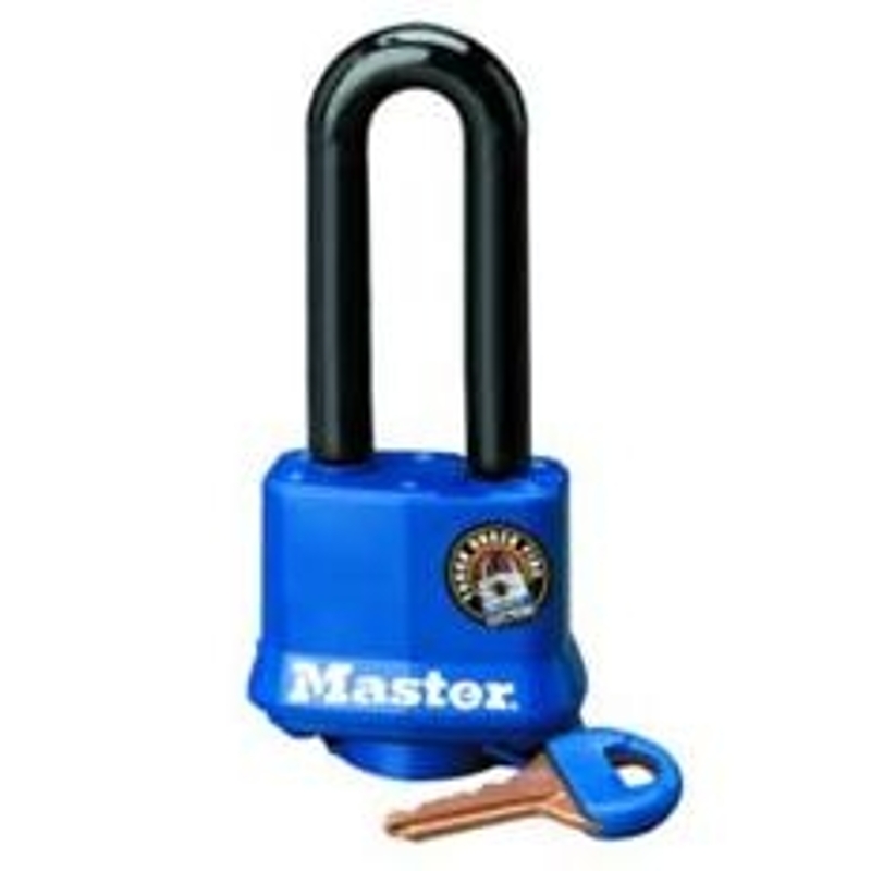 Master Lock 312DLH 1-1/2 In. Keyed Laminated Padlock, Blue Weatherproof Cover, 2-In. Long Shackle