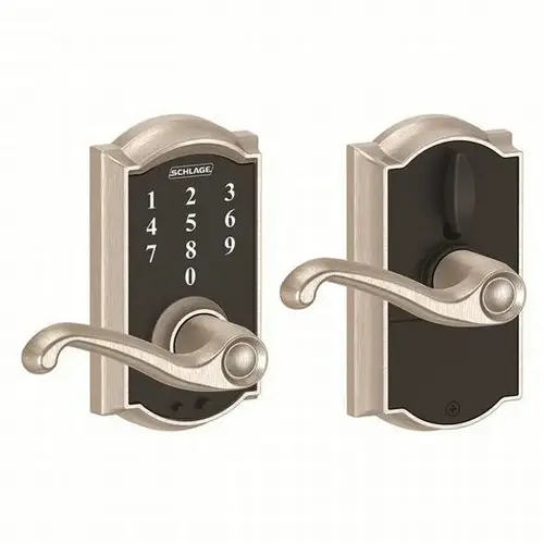 Camelot with Flair Lever Keyless Touch Lever Lock with 16211 Latch and 10063 Strike Satin Nickel Finish
