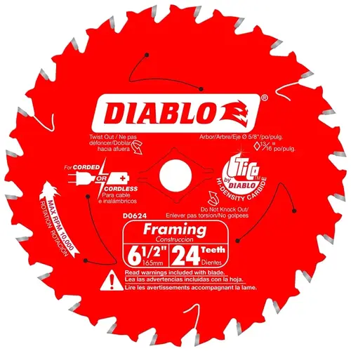 Framing Trim Saw Blade, 6-1/2 in Dia, 5/8 in Arbor, 24-Teeth Framing Trim Saw Blade, 6-1/2 in Dia, 5/8 in Arbor, 24-Teeth