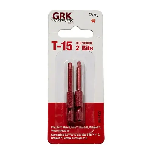 Drive Bit, T15 Drive, Star Drive, 2 in L, 2/PK Red - pack of 2