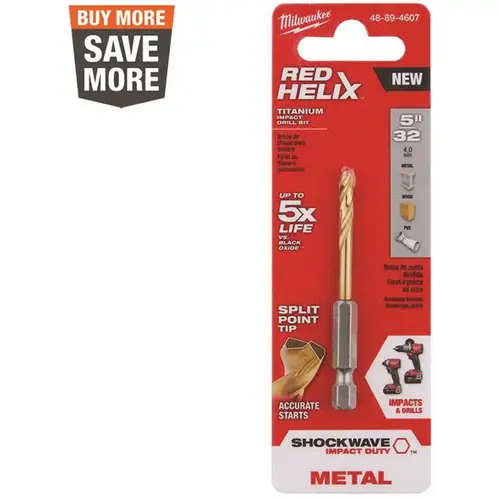 Impact Drill Bit, 5/32 in Dia, 2-3/4 in OAL, Twist Flute, 1/4 in Dia Shank, Hex Shank Titanium-Coated